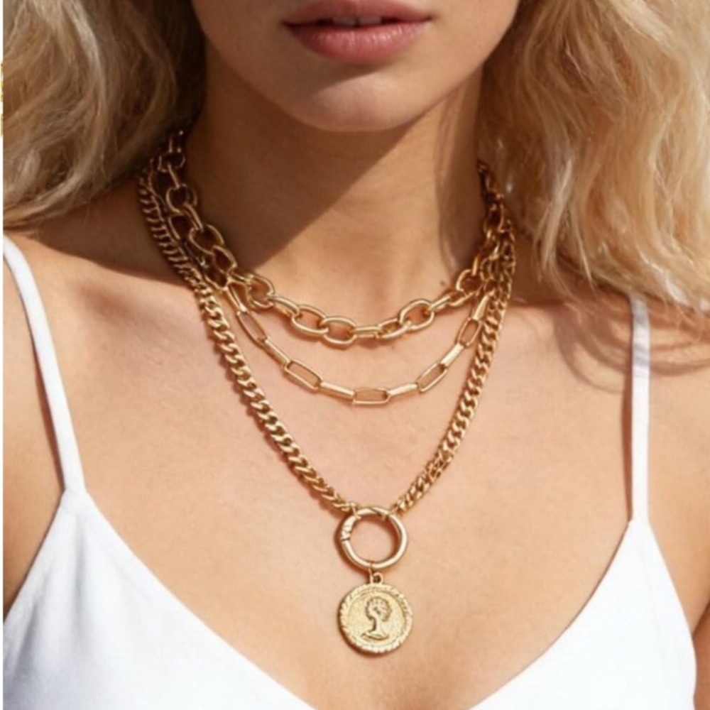 Vintage 24k Gold  Plated Layered Necklace Trendy Chunky Cuban Link Paperclip Cha - Picture 4 of 11